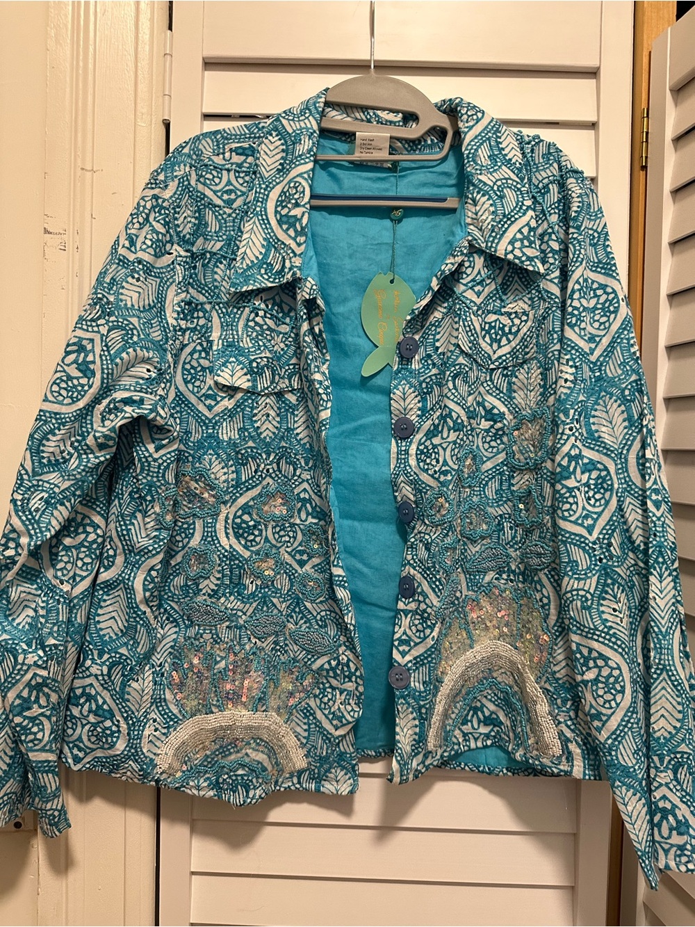 Embroidered Teal Button-Front cotton Jacket